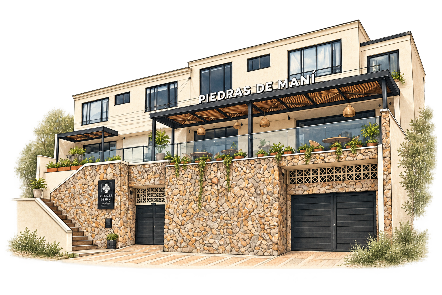 Ilustración de la fachada del Hotel Piedras de Maní, con muros de piedra, terraza y pérgola
