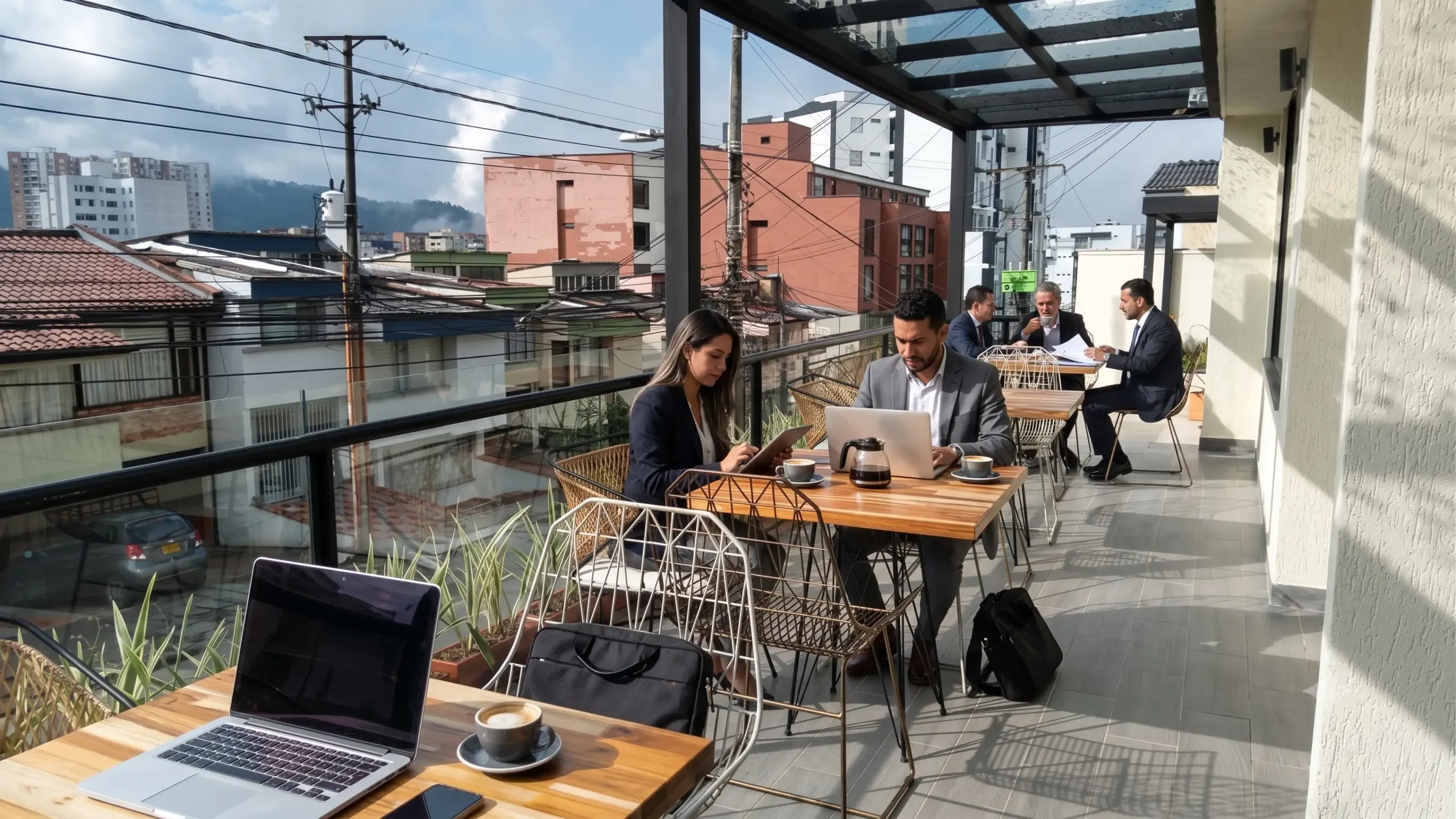 Terraza del hotel Piedras de Maní donde se observan varios ejecutivos trabajando y disfrutando de un buen café.