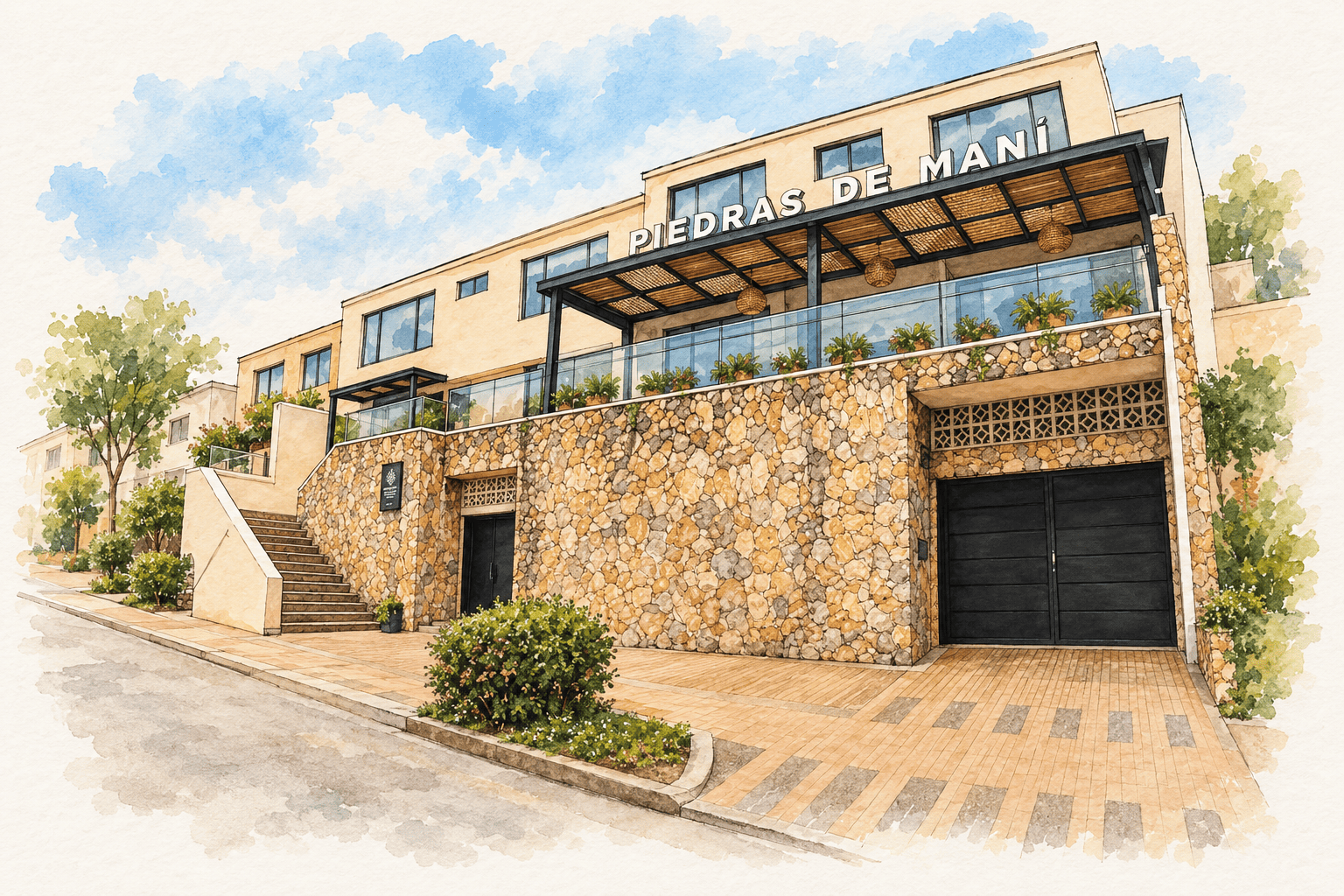 Ilustración en línea y acuarela de la fachada del Hotel Piedras de Maní, con su terraza y muros de piedra